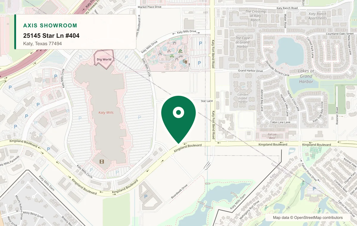 Street map showing the Axis showroom beside Katy Mills in Katy, Texas
