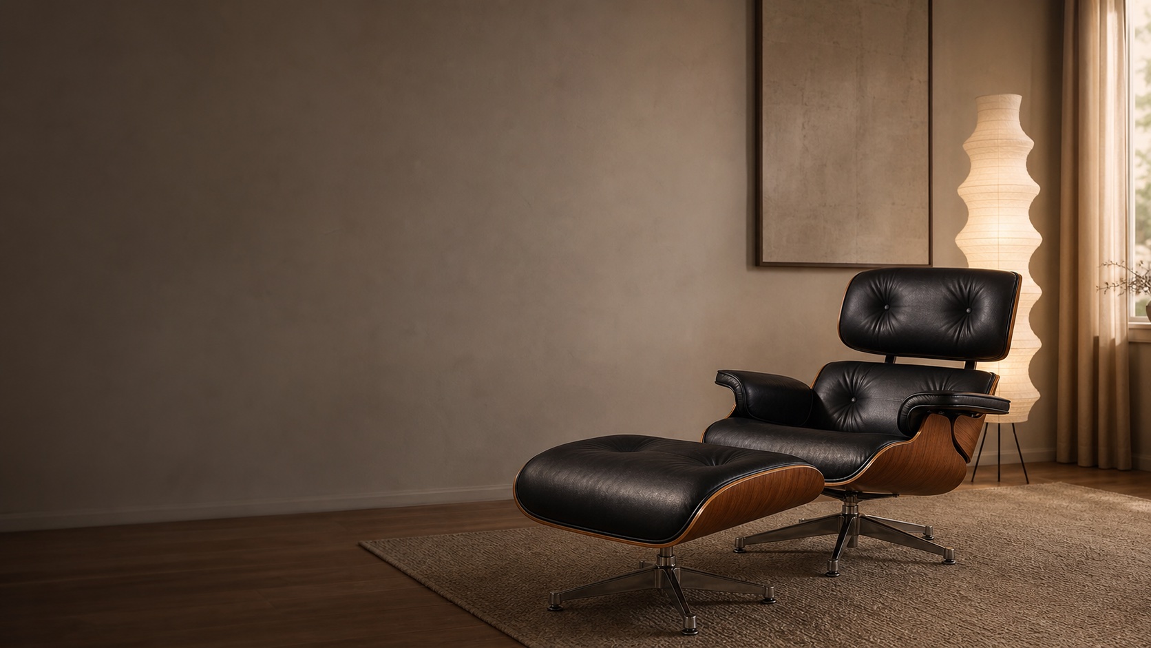 Black leather lounge chair and ottoman in a modern room